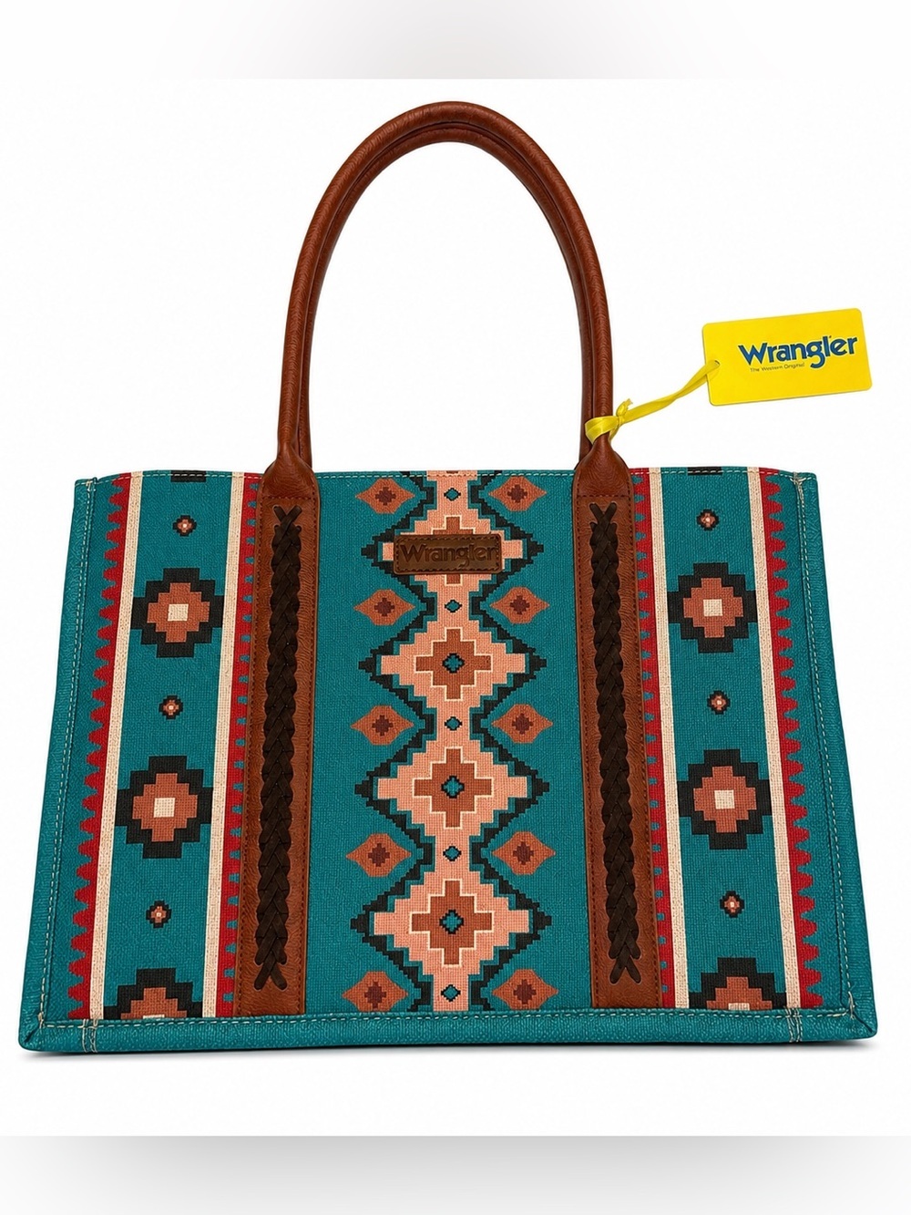 NWT Wrangler Southwestern Aztec Tote Bag Turquoise Western Canvas Leather Trim